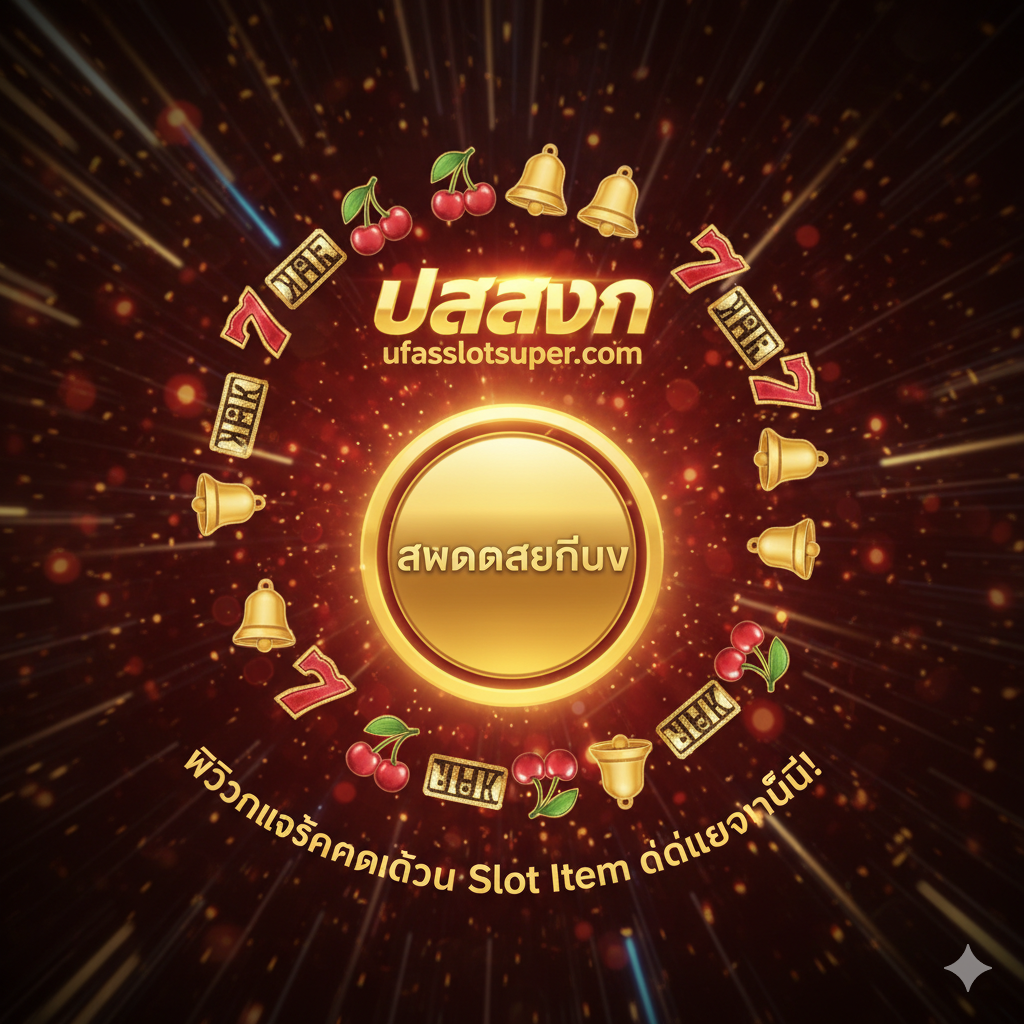 一張用於文章總結和行動號召（CTA）的圖片。畫面中心是一個清晰的泰語 'สมัครสมาชิก' (Apply/Register) 按鈕，周圍環繞著動態的 Slot Item 符號飛入 ufaslotsuper.com 的 Logo。背景是快速移動的粒子和光線，營造出緊迫感和機會。在按鈕下方用泰語寫著 'พิชิตแจ็คพอตด้วย Slot Item ได้เลยวันนี้!' (Win the Jackpot with Slot Item Today!)。色彩採用充滿活力和信心的金色和紅色，引導用戶立即行動，並再次將 Slot Item 的概念與 ufaslotsuper 平台聯繫起來。
