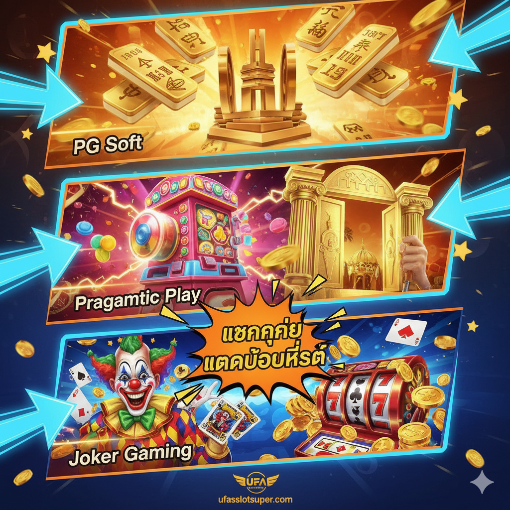 功能图片应展示文章第二部分介绍的3大Gacor病毒式传播的顶级老虎机供应商：PG Soft, Pragmatic Play, 和Joker Gaming。设计一个三联或瀑布流布局，每个版块代表一个供应商，使用其标志性的游戏元素（例如PG的麻将牌、PP的奥林匹ส之门或糖果、Joker的经典小丑）。主色调使用活力橙和电光蓝，强调'Gacor'的爆发力。配以箭头或星形符号，将用户的注意力引导至'แตกง่าย แตกบ่อยที่สุด'的中文口号。底部可以加入ufaslotsuper.com的微小logo，以示平台提供这些游戏。