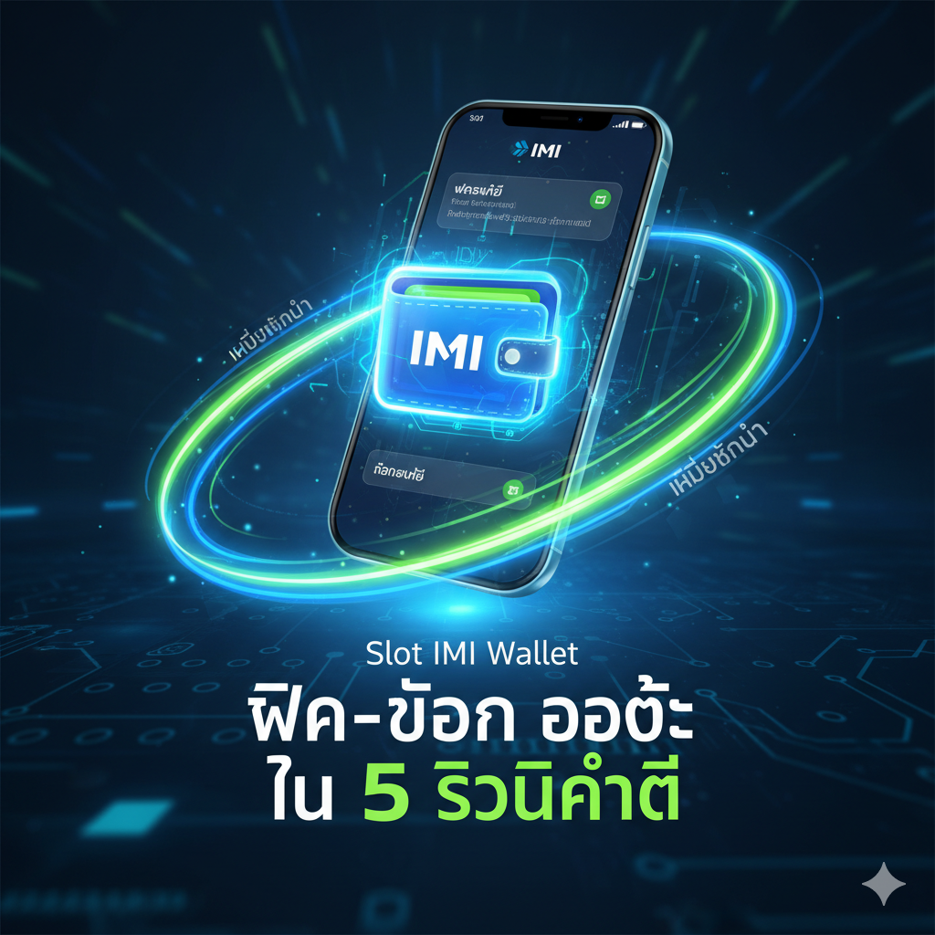 ภาพวาดกระเป๋าเงินดิจิทัล (Wallet) บนมือถือ แสดงธุรกรรมฝาก-ถอนอัตโนมัติใน 5 วินาที พร้อมโลโก้ IMI