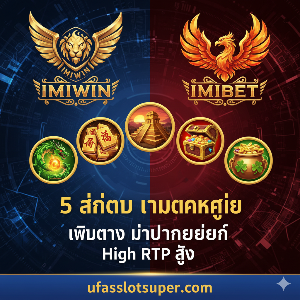 ภาพแบ่งครึ่งแสดงโลโก้ IMIWIN และ IMIBET พร้อมไอคอนเกมยอดนิยม 5 อันดับ เพื่อแสดงเกมแตกง่ายและ High RTP