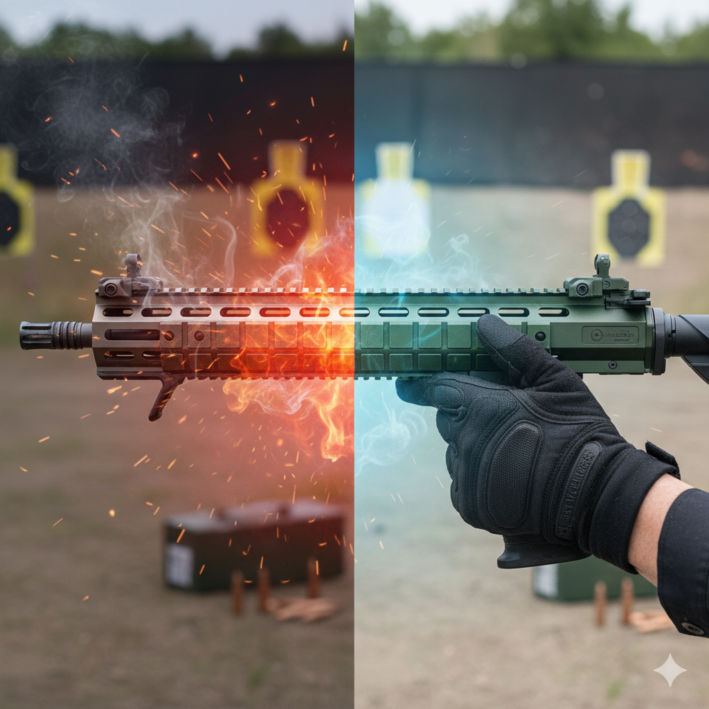 ภาพเปรียบเทียบเชิงแนวคิด (Conceptual Image) ที่แสดงถึง 'การจัดการความร้อน' และ 'การยึดเกาะ' โดยแบ่งภาพเป็นสองส่วน: 1) ส่วนด้านซ้าย แสดงแฮนด์การ์ดที่ร้อน (มีเอฟเฟกต์สีแดงหรือสีส้มของความร้อน) และ 2) ส่วนด้านขวา แสดงแฮนด์การ์ดที่ติดตั้ง M-LOK Covers (อาจใช้สีเขียวหรือสีฟ้าเพื่อสื่อถึงความเย็น/ปลอดภัย) โดยมีมือสวมถุงมือยุทธวิธีจับอยู่บนส่วนที่ติดตั้ง Cover อย่างมั่นคง เน้น Grip ที่ดีเยี่ยม ภาพควรมีองค์ประกอบด้านยุทธวิธี (Tactical elements) และโทนสีที่สว่างกว่าภาพปกเล็กน้อยเพื่อเน้นฟังก์ชัน