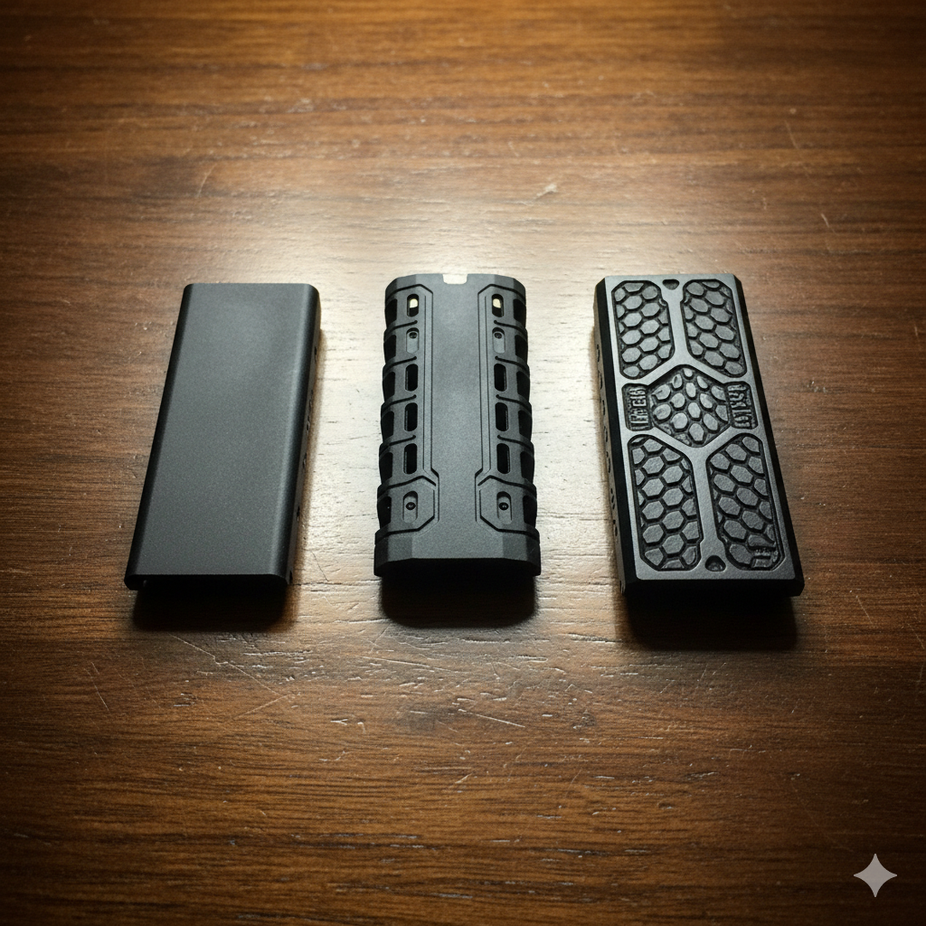 ภาพเปรียบเทียบผลิตภัณฑ์พรีเมียมสามชนิดที่กล่าวถึงในบทความ โดยจัดวาง M-LOK Covers/Rail Panels จากสามแบรนด์ (Magpul Type 2, BCM Rail Panel, และ RailScales G10 ลาย Dragon/Honeycomb) เคียงข้างกันบนพื้นผิวที่เป็นกลาง เช่น โต๊ะทำงานไม้สีเข้มหรือพื้นผิวโลหะ ควรเน้นให้เห็นถึงความแตกต่างของวัสดุและพื้นผิว (Texture) โดยเฉพาะ G10 ที่มีลวดลายเป็นเอกลักษณ์ ใช้แสงที่เหมาะสมเพื่อเน้นรายละเอียดของพื้นผิว (Texture) และความพรีเมียมของผลิตภัณฑ์ RailScales เพื่อเน้น 'M-LOK ลายพิเศษ' และ 'การลดความร้อนสูงสุด'