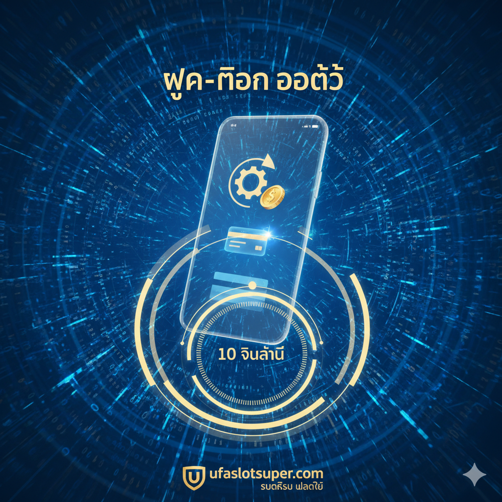 功能图片突出'ฝาก-ถอน ออโต้' (自动存取款) 的核心功能。图片风格现代、科技感，背景是抽象的数字网络或快速流动的数据流。画面中央是一个手机界面和银行卡图标，下方配有一个计时器或进度条，清晰显示'10 วินาที' (10 秒) 的快速交易时间。主色调使用蓝色และ浅金色，象征快速、高效และ金融安全。强调 ufaslotsuper.com 的自动化服务是行业领先的便捷功能。