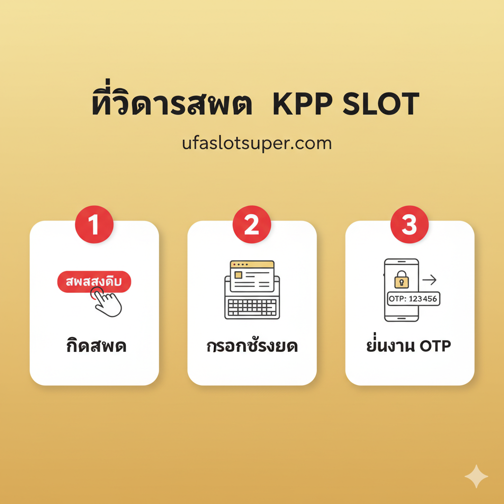 A tutorial image illustrating the 3-step registration process. Use a clear, infographic style with numbered steps (1, 2, 3) in Thai: 'คลิกสมัคร', 'กรอกข้อมูล', 'ยืนยัน OTP'. Each step should be represented by a simple, relevant icon: a mouse pointer clicking a button for step 1, a keyboard/form for step 2, and a mobile phone receiving an OTP code for step 3. The background should be clean and light to ensure readability, using ufaslotsuper.com's brand colors (if known, otherwise a vibrant slot-related color like red or gold) for the step markers. The overall mood is simple and user-friendly.