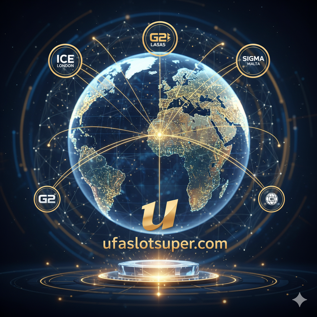 ภาพสำหรับบทสรุปที่เน้นย้ำสถานะความเป็นผู้นำ (Authority) ของ ufaslotsuper.com ในฐานะผู้ส่งต่อข้อมูลและบริการระดับโลกสู่ผู้เล่นไทย ภาพควรแสดงลูกโลกดิจิทัล (Digital Globe) ที่มีไอคอนของงานประชุมใหญ่ๆ (ICE London, G2E, SiGMA) ปรากฏอยู่บนแผนที่โลก มีเส้นแสงพุ่งออกมาจากจุดเหล่านั้นและมาบรรจบกันที่โลโก้ ufaslotsuper.com ซึ่งวางอยู่บนแท่นสว่างด้านหน้า องค์ประกอบโดยรวมควรให้ความรู้สึกถึงการเชื่อมโยงระดับโลก (Global Connection) และการเป็นศูนย์กลางข้อมูล (Information Hub) เน้นแสงสีทองและสีน้ำเงินเข้มเพื่อสื่อถึงความพิเศษและตำแหน่งที่เหนือกว่าในตลาดเอเชีย