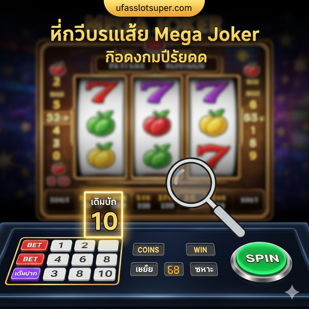 教程图片，重点展示Mega Joker的基本模式（Base Game）的投注区和操作步骤。图片聚焦在老虎机底部的控制面板，尤其是“Bet”和“Spin”按钮。应明确用视觉元素（如放大镜或高亮框）强调“Max Bet (10 Coins)”的选项，暗示这是进入高RTP模式的关键。背景可以虚化为游戏屏幕，但确保投注区的按钮和数字清晰可见，风格应为清晰、指南性的UI截图。