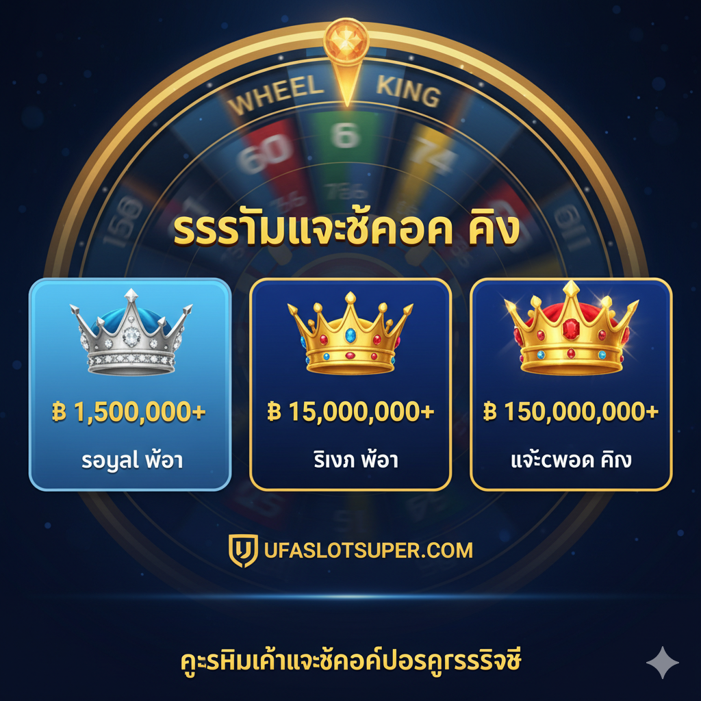 ภาพแสดงคุณสมบัติหลักของระบบ Jackpot King (JPK) โดยเน้นที่แจ็คพอต 3 ระดับ: Royal Pot, Regal Pot และ Jackpot King จัดเรียงเป็นสามส่วนในกรอบเดียวกัน แต่ละส่วนมีสัญลักษณ์ของมงกุฎที่แตกต่างกันและตัวเลขมูลค่ารางวัลที่พุ่งสูงขึ้น (เน้นตัวเลขล้านบาท) ด้านหลังเป็นพื้นหลังกราฟิกรูปวงล้อ Wheel King ที่กำลังหมุน สื่อถึงกลไกโปรเกรสซีฟที่เชื่อมโยงกันทั่วโลก ใช้สีฟ้าและสีทองเป็นหลักเพื่อเน้นความน่าเชื่อถือและความยิ่งใหญ่ของรางวัล