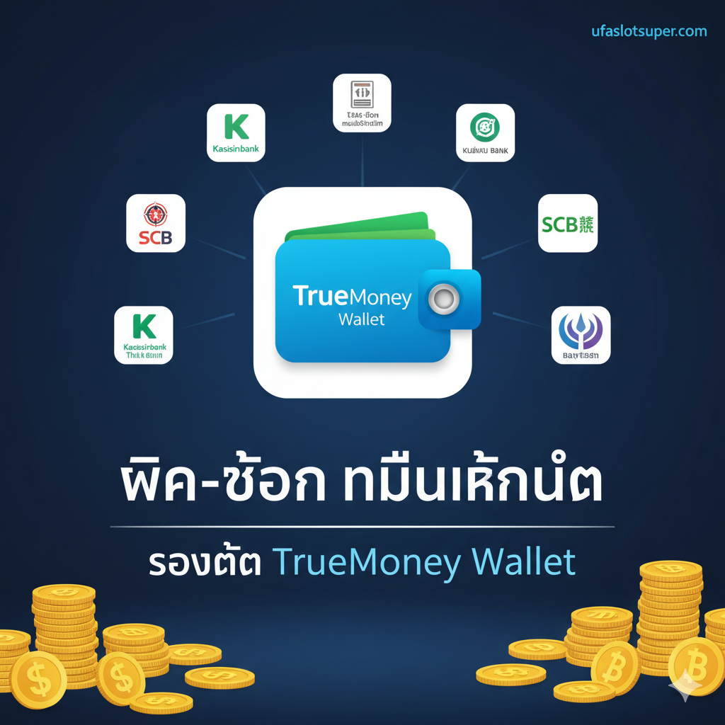 ภาพที่สื่อถึงข้อได้เปรียบของการเล่นกับ ufaslotsuper.com โดยเน้นที่การเงินที่สะดวกสบายและรองรับ 'TrueMoney Wallet' องค์ประกอบหลักคือภาพไอคอน TrueMoney Wallet (สีฟ้า-ขาว) ขนาดใหญ่พร้อมไอคอนธนาคารชั้นนำของไทยอื่นๆ วางอยู่บนพื้นหลังสีน้ำเงินเข้มเพื่อความน่าเชื่อถือ มีกองเหรียญทองและสัญลักษณ์ 'บาท' ($฿$) กระจายอยู่รอบๆ เพื่อสื่อถึงการทำธุรกรรมทางการเงินที่รวดเร็วและปลอดภัย มีโลโก้ ufaslotsuper.com ขนาดเล็กอยู่มุมใดมุมหนึ่งเพื่อย้ำถึงผู้ให้บริการ เน้นข้อความ 'ฝาก-ถอน ไม่มีขั้นต่ำ' และ 'รองรับ TrueMoney Wallet' ในรูปแบบกราฟิกที่อ่านง่าย