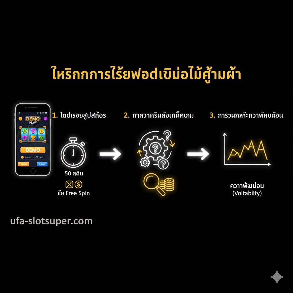 ภาพแนว Infographic หรือ Diagram แสดง 'เทคนิคการใช้โหมดเดโม่ให้คุ้มค่า' โดยแบ่งออกเป็น 3 ขั้นตอนหลัก (1. ทดสอบสูตรสล็อต, 2. ทำความเข้าใจกลไกเกม, 3. การวิเคราะห์ความผันผวน) ใช้ไอคอนที่สื่อความหมายในแต่ละขั้นตอน เช่น นาฬิกาจับเวลาสำหรับ '50 สปิน', สัญลักษณ์ $ สำหรับ 'ซื้อ Free Spin' และกราฟรูปภูเขาสูง-ต่ำสำหรับ 'ความผันผวน' (Volatility) พื้นหลังสีเข้ม (Dark Mode) และใช้ตัวอักษรสีขาว/เหลืองเพื่อให้ข้อมูลโดดเด่น มีรูปมือถือแสดงหน้าจอเกม PG Demo เพื่อเน้นการใช้งานแบบ Mobile First องค์ประกอบทั้งหมดถูกเชื่อมโยงด้วยลูกศรเพื่อแสดงลำดับการเรียนรู้