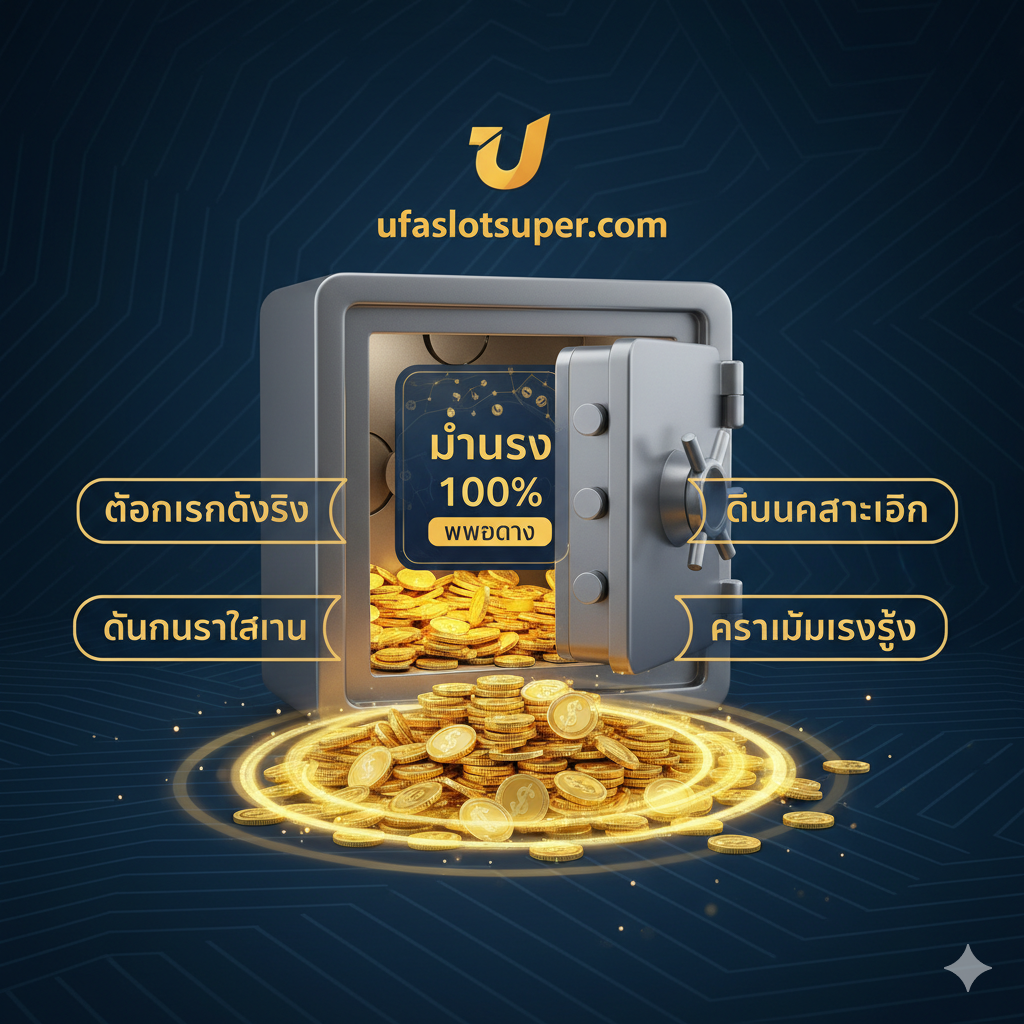 ภาพเน้น 'ข้อดีของการสมัครสมาชิก ufaslotsuper.com หลังทดลองเล่น' โดยใช้ภาพประกอบที่สื่อถึงความมั่นคงทางการเงินและความปลอดภัย องค์ประกอบหลักคือ ตู้นิรภัยที่เปิดอยู่ภายในมีกองเหรียญทองและสัญลักษณ์ '100% Secure' และ 'เว็บตรง' พร้อมโลโก้ ufaslotsuper.com มีข้อความที่เน้น 'ถอนเงินได้จริง', 'โบนัสต้อนรับ', และ 'ความมั่นคงสูง' การใช้โทนสีน้ำเงินเข้มและสีทองให้ความรู้สึกน่าเชื่อถือและหรูหรา มีเส้นแสง (Glow Effect) รอบๆ กองเงินเพื่อเน้นผลตอบแทนจากการเล่นจริง