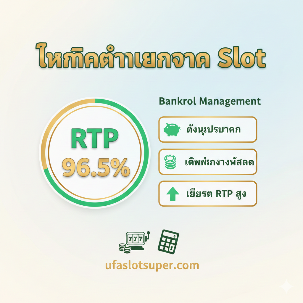 ภาพแสดงคำแนะนำการทำเงินจาก Slot ในรูปแบบแผนภูมิข้อมูลหรืออินโฟกราฟิก โดยมีวงกลมแสดงค่า RTP สูง (เช่น 96.5%) และขั้นตอนการจัดการเงินทุน (Bankroll Management) ที่ชัดเจน 3 ขั้นตอน ใช้สีเขียวและสีทองที่สดใสเพื่อเน้น 'การทำเงิน' และ 'กลยุทธ์'