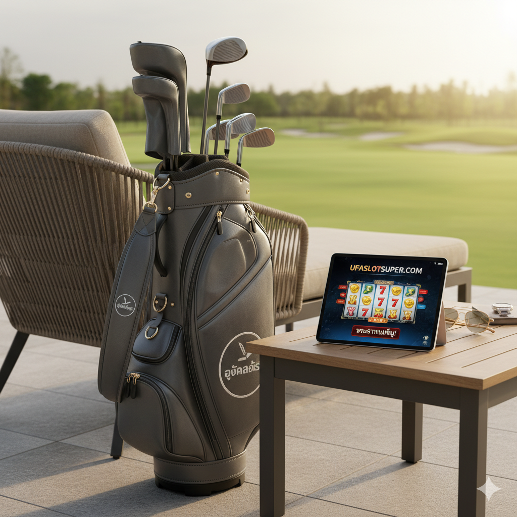 展示 "4 slot golf bag" 所代表的 "Golf & Gaming" 高端生活方式。图片构图精致：一个奢华品牌（如Vessel）的4槽高尔夫球包靠在休息区的椅子旁，旁边的桌子上放着一部智能手机或平板电脑，屏幕上清晰显示着Ufaslotsuper.com的精美 "Slot" (老虎机) 游戏界面。背景是高尔夫俱乐部的露台，光线温暖。这张图传达了精准、奢华和快速决策的理念，连接了高尔夫与高端游戏。