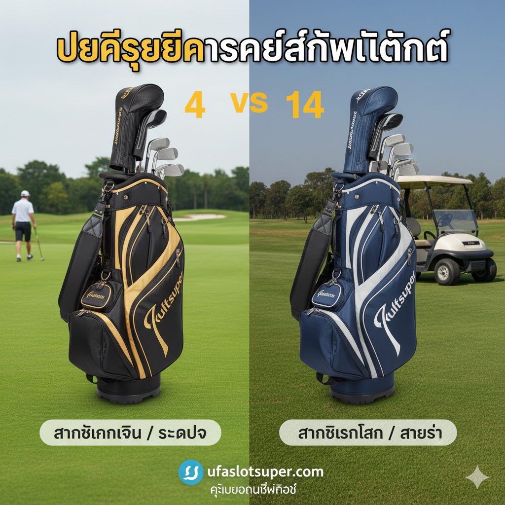 这张图片用于对比 "4 slot golf bag" 与 "14 slot golf bag"。采用并排对比的构图:左侧是一个轻便、简约的4槽高尔夫球包(Stand Bag),下方标注 "Walker / High Roller"(步行者/高端玩家);右侧是一个体积较大、结构复杂的14槽球包(Cart Bag),下方标注 "Cart / Casual"(球车/休闲)。背景可以是分割的高尔夫球场。视觉风格必须清晰地区分两者,强调4槽包的灵活性和高端定位,符合Ufaslotsuper的目标受众。