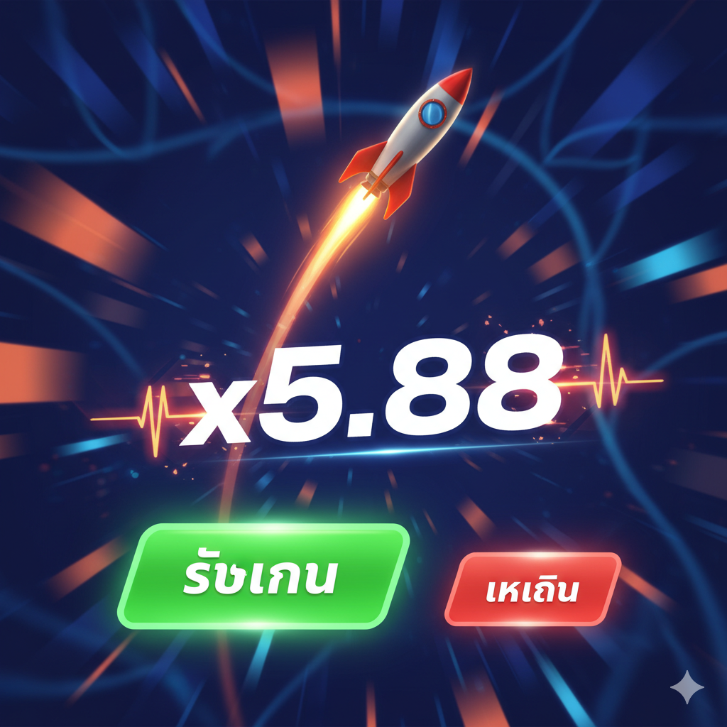 功能特性图，重点展示Crash Game的核心玩法：“Losing”和“Cash Out”的瞬间。画面中央是游戏的HUD界面，一枚火箭正飞过一个高倍数的数字（如x5.88），下方有两个醒目的按钮：一个绿色的巨大“Cash Out”按钮和一个红色的“Bet”或“Cancel”按钮。背景可以模糊处理，用抽象的线条和光效来表示飞行的轨迹。色彩对比强烈，绿色按钮被强调，象征玩家需要抓住时机获利。展示速度、心跳和快速决定性的元素。