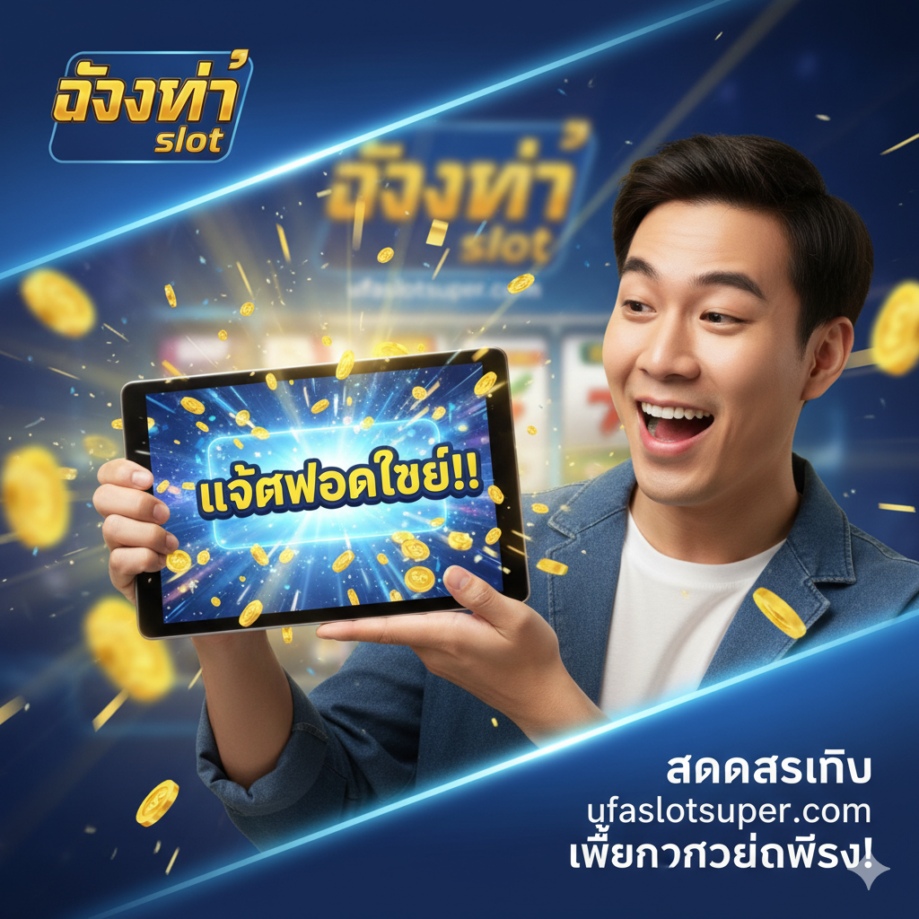 总结图，用以激励和号召用户注册。图片描绘一个玩家（可以使用年轻、兴奋的亚洲人形象，但非政治人物）在使用手机或平板电脑玩“ဒုံးပျံ slot”后，屏幕上弹出一个巨大的“BIG WINNER”或“JACKPOT”的通知，周围洒满了金币和奖金符号。背景是模糊的ufaslotsuper.com游戏界面和胜利的庆祝光芒。表情应该充满喜悦和成就感。构图充满活力，色彩明亮饱和，激发用户“加入并赢取大奖”的欲望，呼应“สมัครสมาชิก ufaslotsuper.com”的行动号召。