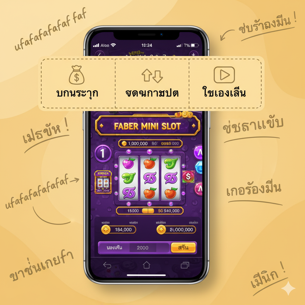 ภาพมือถือกำลังแสดงอินเตอร์เฟซของเกม มีแผนภาพขั้นตอน 3 ขั้นตอน: กระเป๋าเงิน 'บริหารทุน', ลูกศรขึ้น/ลง 'จับจังหวะเบท', และปุ่ม 'Play' สำหรับ 'ทดลองเล่น' พื้นหลังสีเหลืองอ่อน พร้อมตัวอักษรลายมือภาษาไทยเพื่อแนะนำ