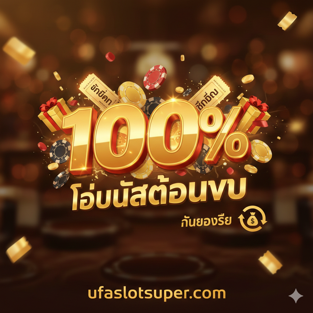 优势特点图，聚焦于'โบนัสต้อนรับ 100%'และ'คืนยอดเสีย'。画面中央是巨大的'100%'数字，周围环绕着礼物盒、筹码和优惠券等元素，营造出丰厚奖励的感觉。在角落添加一个小的钱袋或回旋箭头符号，象征每周的'Loss Rebate'。色彩以暖色調为主，如红色和金色，强调优惠力度和เว็บตรง ufaslotsuper.com 的大方。