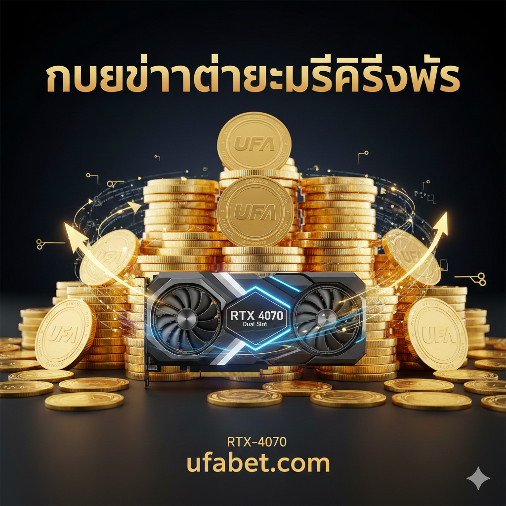 优势图片:着重于收益和效率。画面中心是一个堆积如산的金币和筹码,金币上印มี UFA 标志。在金币堆的前方,一个虚拟的“RTX 4070 Dual Slot”显卡模型以侧面展示,光芒四射,周围环绕着数据流和向上飞升的箭头。构图采用低角度拍摄,使金币堆看起来สูงใหญ่และยิ่งใหญ่,象征ถึง显卡(硬件性能)带来的高效และสูง回报(游戏收益)。