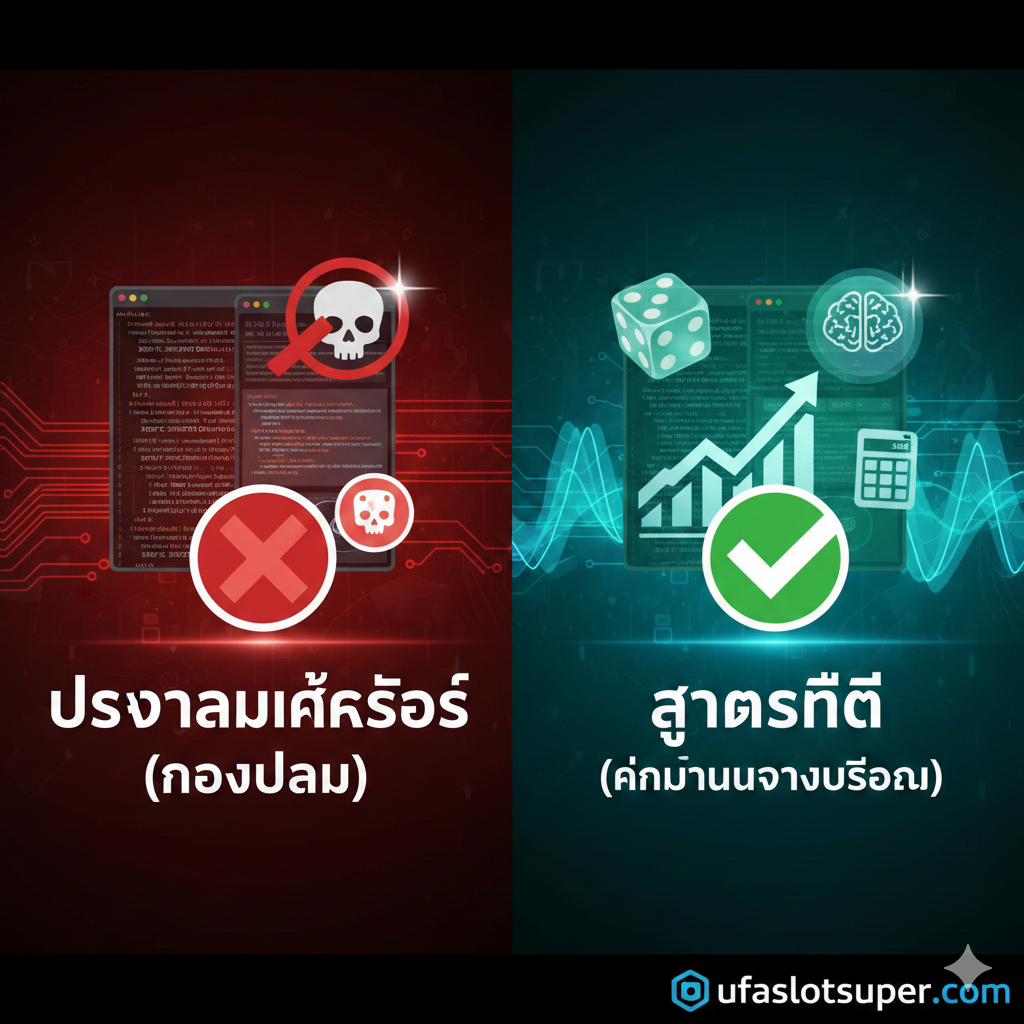 ภาพประกอบส่วนที่อธิบายถึงความแตกต่างระหว่าง 'โปรแกรมแฮก' กับ 'สูตรสถิติ' (Bait & Switch) ภาพแบ่งออกเป็นสองส่วน: ด้านซ้ายเป็นภาพที่มีไอคอนกะโหลกหรือ X (❌) ทับโปรแกรมแฮกเกอร์ที่ดูมืดๆ ลึกลับ สื่อถึงความไม่จริง (Fake Hack); ด้านขวาเป็นภาพที่มีไอคอนลูกเต๋า (Dice) หรือตัวเลขสุ่ม (RNG) ที่มีกราฟสถิติ (📈) และไอคอนสมอง (💡) หรือเครื่องคิดเลข (Calculator) อยู่ข้างๆ พร้อมเครื่องหมายถูก (✅) สื่อถึงการใช้สูตรที่อิงตามหลักคณิตศาสตร์/สถิติ โทนสีควรเป็นสีแดง/ดำด้านซ้ายและสีเขียว/น้ำเงินสว่างด้านขวาเพื่อเน้นความต่าง