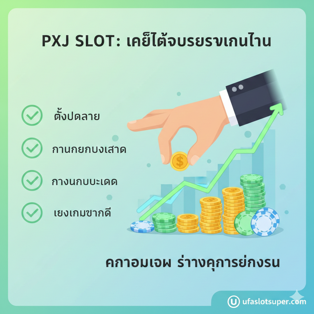 展示简化的“3 ขั้นตอนง่ายๆ”注册流程(สมัครสมาชิก)。图片应采用分步式(Step-by-Step)图表设计,使用数字1、2、3或箭头引导用户。步骤1:手机图标(กรอกเบอร์โทรศัพท์)。步骤2:钥匙或锁头图标(ตั้งรหัสผ่าน)。步骤3:堆积的泰铢或奖杯图标(รับโบนัส/ฝากเงิน)。整体色调使用用户友好的蓝色和白色,确保流程清晰易懂。文字使用泰语,并用箭头强调“30 วินาที เริ่มเล่นได้ทันที!”,旨在引导寻求“pxj เข้าสู่ระบบ”的用户立即转化。