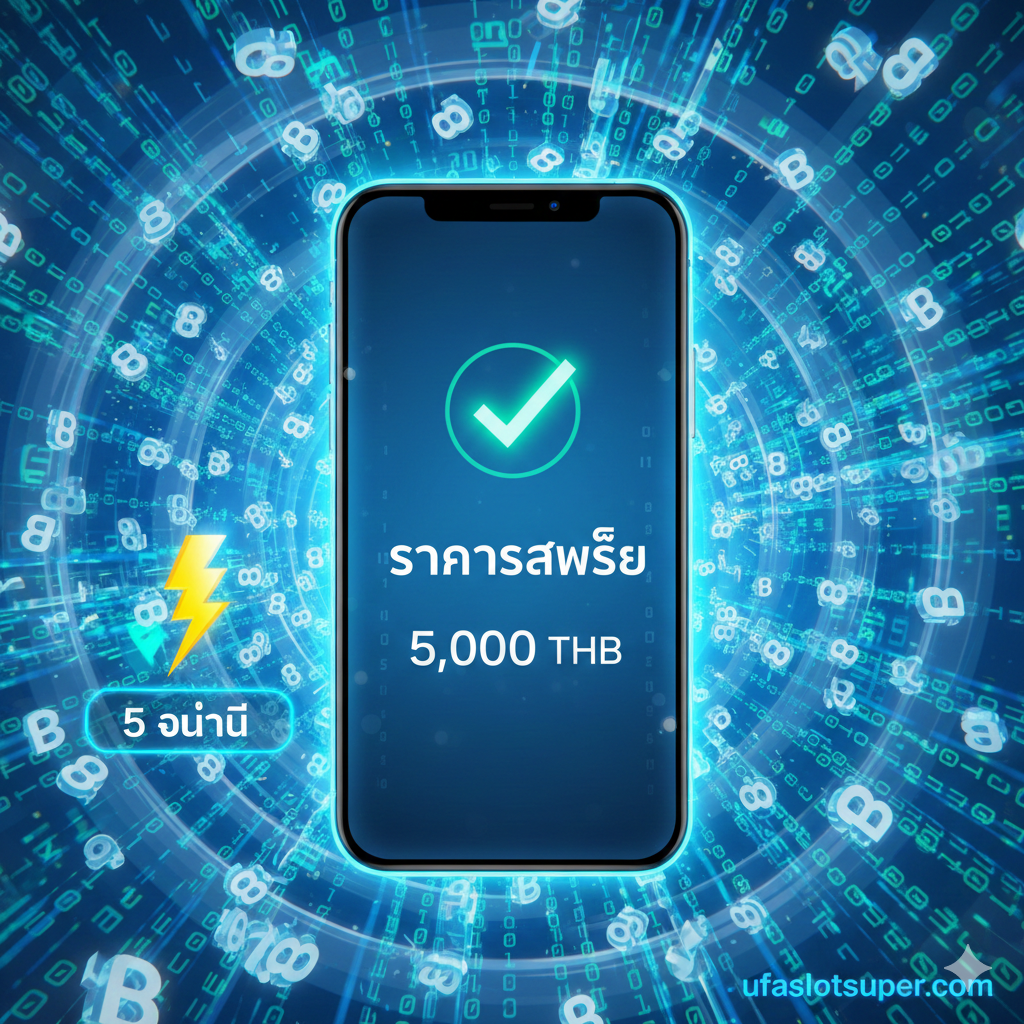 ภาพแสดงฟีเจอร์ฝากถอนออโต้ 5 วินาทีบนหน้าจอโทรศัพท์มือถือ เน้นความสำเร็จของรายการและแสดงความเร็วด้วยสัญลักษณ์สายฟ้าและตัวจับเวลา