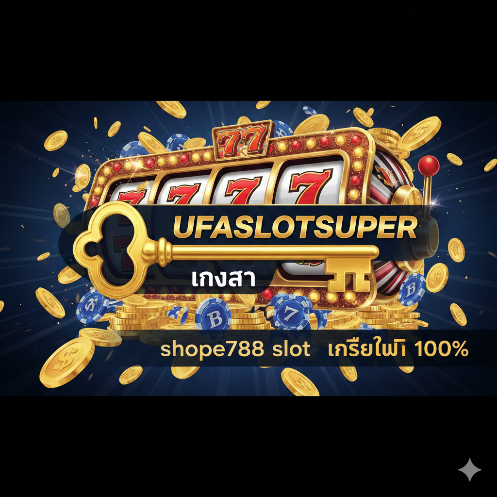 一张吸引สายตาการแสดงภาพโฆษณา shopee788 slot ทางเข้า และ UFASLOTSUPER ด้วยกุญแจทองคำและแบรนด์ดิ้งที่เน้นความน่าเชื่อถือ