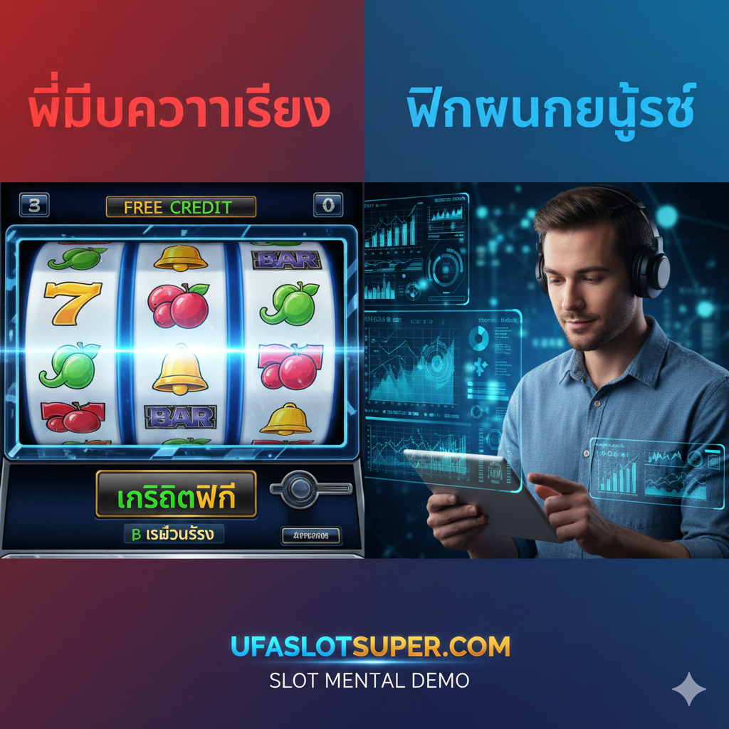 ภาพที่เป็นส่วนประกอบของบทความ ภาพแสดงฟังก์ชันหลักของโหมด 'Slot Mental Demo' แบ่งภาพเป็น 2 ส่วน เน้น 'ไม่มีความเสี่ยง' และ 'การฝึกฝน' ด้านซ้ายแสดงหน้าจอของสล็อตแมชชีนที่กำลังหมุนพร้อมเครดิตการเดิมพันเป็น 'FREE CREDIT' และป้าย 'No Risk' ด้านบน ด้านขวาแสดงภาพคนที่ใช้โทรศัพท์มือถือ/แท็บเล็ตเล่นโหมด Demo ด้วยความสงบและมั่นใจโดยมีกราฟหรือแผนภาพอยู่เบื้องหลัง เน้นสีแดง เขียว และน้ำเงินที่ตัดกันเพื่อเน้น 'ฟรี' และ 'เทคนิค'