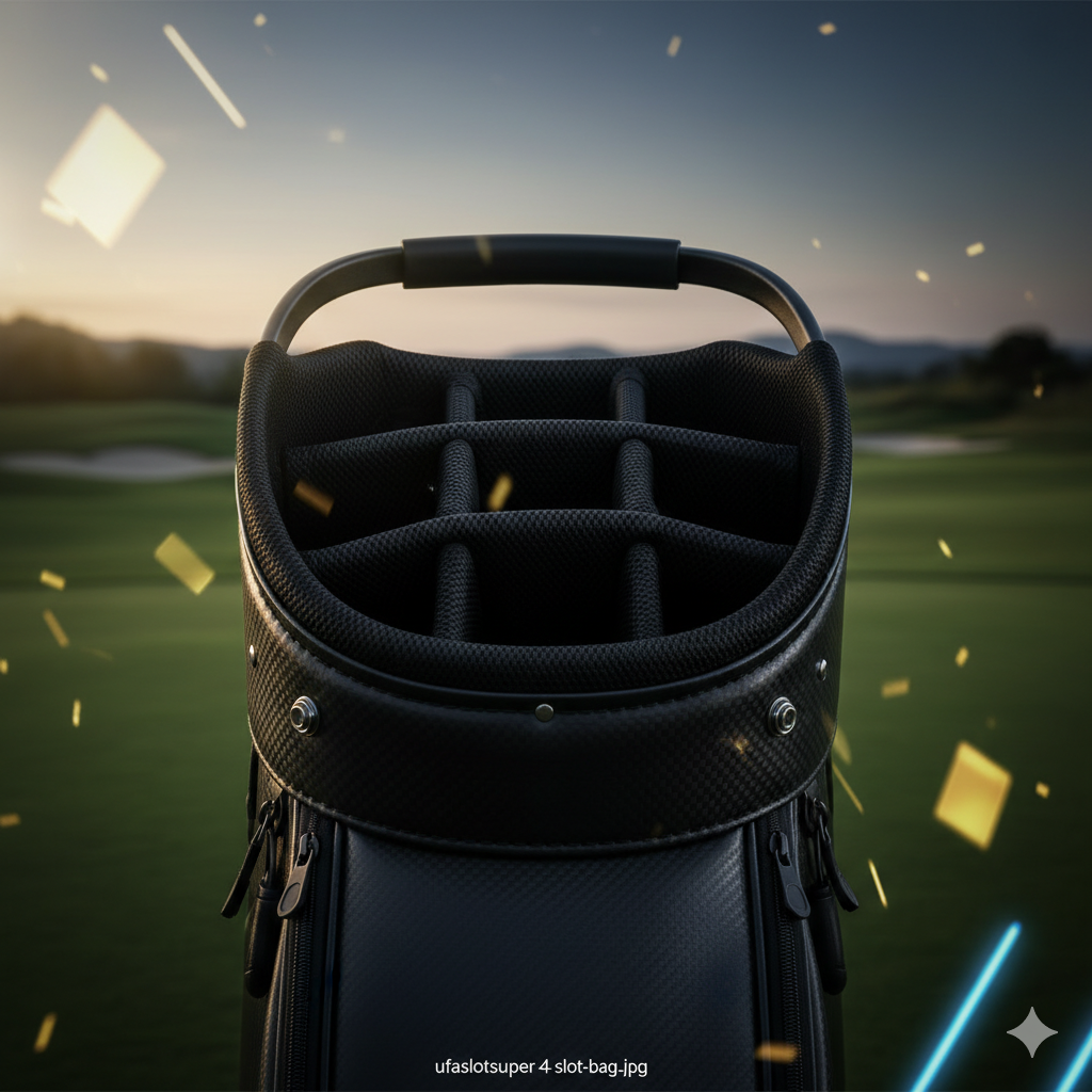 一张高端、戏剧性的封面图片。主角是一个时尚的 "4 slot golf bag"(4槽高尔夫球包),采用简约设计(如黑色或白色)。构图采用特写角度,展示其顶部4个分隔槽。背景是黄昏时分的高尔夫球场果岭,光线柔和,但巧妙地融合了抽象的金色散景(Bokeh)或微弱的霓虹灯光反射效果,暗示着Ufaslotsuper的高端游戏氛围。整体色调奢华、专业,融合了运动与娱乐。