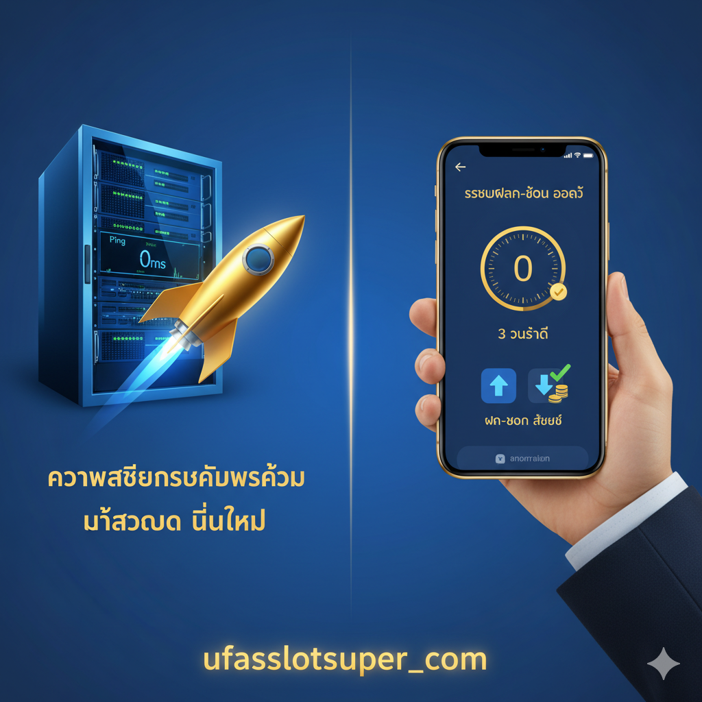 优势图，着重宣传ufaslotsuper.com的“ความเสถียรระดับสูงสุด”和“ระบบฝาก-ถอน ออโต้ 3 วินาที”。画面分割为两部分：左侧展示一个稳定运行的服务器机房或网络连接符号（例如：一个无延迟的Ping值），旁边配以火箭平稳飞行的图示，象征“高稳定性”和“不卡顿”。右侧则是一个手机屏幕界面，显示“3 SECONDS”和一个快速完成的存取款交易成功的确认信息，突出“自动快速交易”的特点。整体风格专业、可靠，使用蓝色和金色调为主，强调安全和效率。
