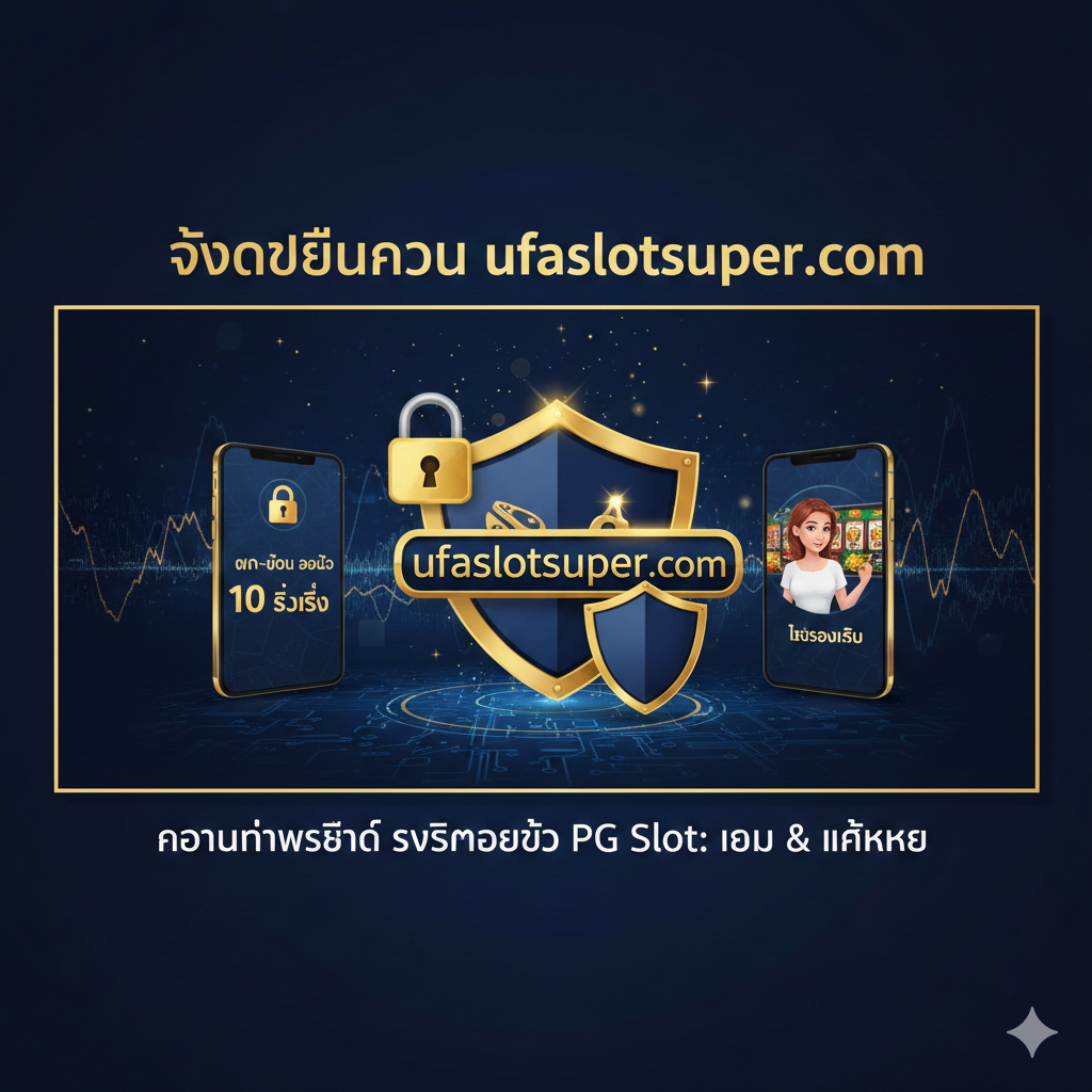 ภาพประกอบส่วน 'ทำไมต้องเล่นที่ ufaslotsuper.com' เน้นไปที่ความน่าเชื่อถือและระบบอัตโนมัติ ภาพควรแสดงองค์ประกอบที่สื่อถึงความปลอดภัยและความเร็ว: โลโก้ ufaslotsuper.com อยู่ตรงกลางอย่างโดดเด่น มีไอคอนกุญแจล็อค (Security Lock) และโล่ป้องกัน (Shield) ล้อมรอบ พร้อมภาพโทรศัพท์มือถือที่แสดงหน้าจอการทำธุรกรรม 'ฝาก-ถอน ออโต้' ที่มีตัวเลข '10 วินาที' เป็นตัวหนา ควรมีไอคอนคนกำลังเล่นสล็อตในโหมด 'ทดลองเล่น' (Demo) อยู่ข้างๆ เพื่อสื่อถึงความครบครันของบริการ โทนสีฟ้าและทองเพื่อสื่อถึงความมั่นคงและพรีเมียม